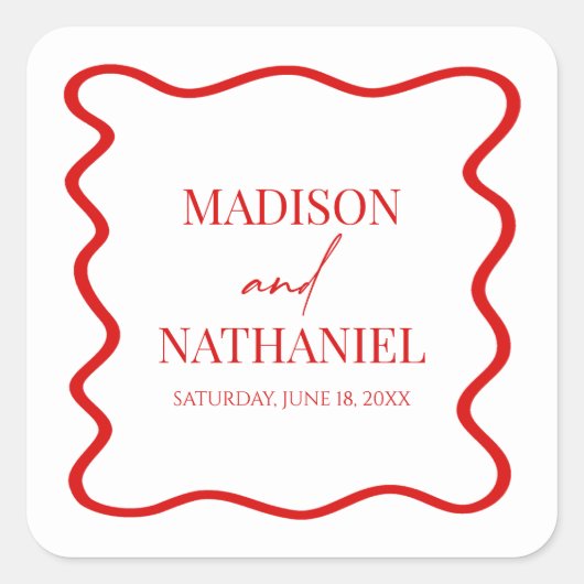 Red White Elegant Wavy Border Wedding Vierkante Sticker (Voorkant)