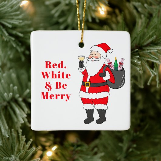 Red White en Be Merry Santa White Wine Custom Keramisch Ornament (Boom)