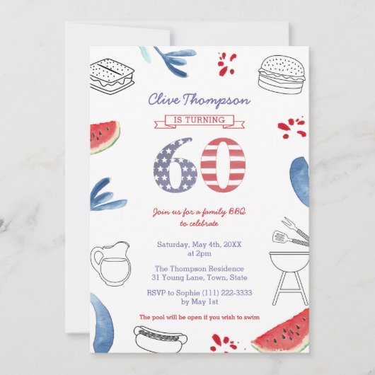 Red White en Blue 60th Birthday Party Cookout IV Kaart (Voorkant)