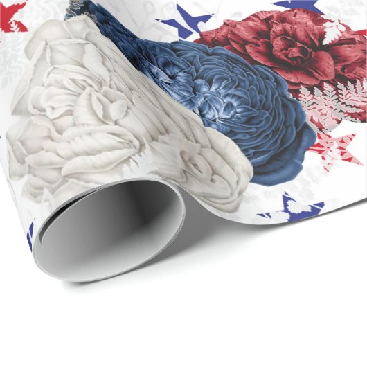 Red, White en Blue Floral USA Pattern Cadeaupapier (Rol Hoek)