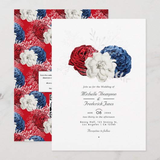 Red White en Blue USA American QR Code Wedding Kaart (Voorkant / Achterkant)