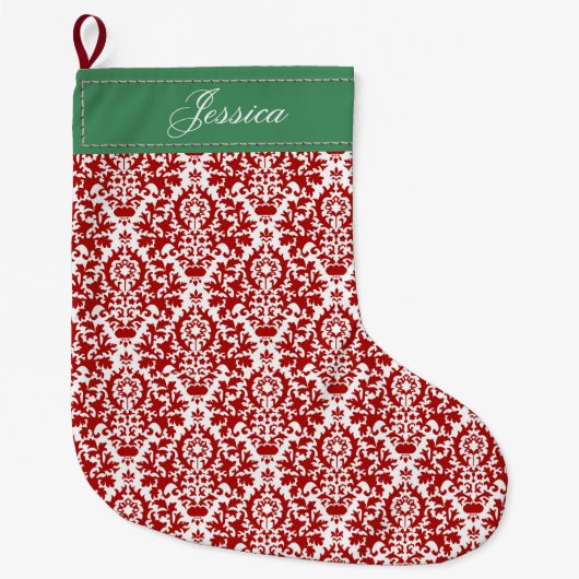 Red, White en Green Floral Damask Grote Kerstsok (Voorkant)