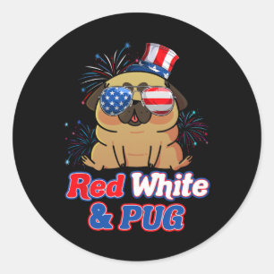 Red White en Pug Independence Day USA Hondenliefhe Ronde Sticker