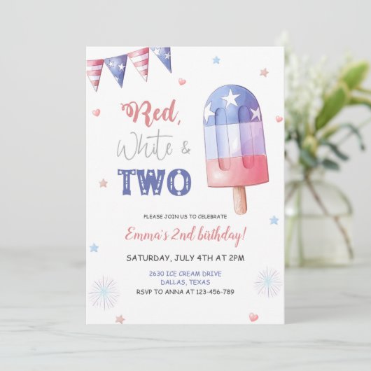 Red White en Two Birthday Invitation Kaart (Staand voorkant)
