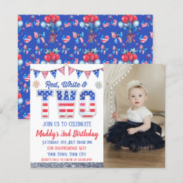 Red White en Two Fourth of Juli Foto Birthday Kaart