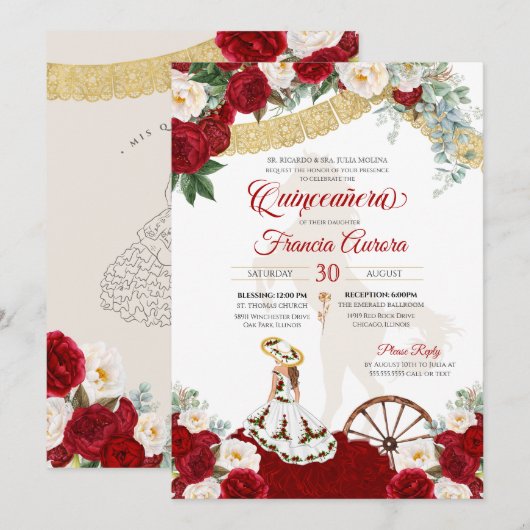 Red White Floral & Gold Elegant Charro Quinceanera Kaart (Voorkant / Achterkant)