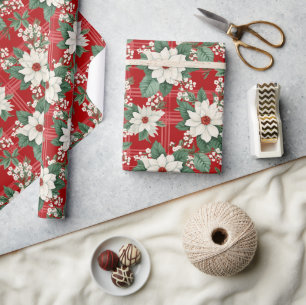 Red White Gingham Controleer Bloemen Poinsettia Pa Cadeaupapier