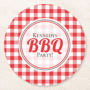 Red White Gingham Pattern Family BBQ Ronde Kartonnen Onderzetter