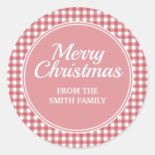 Red White Gingham Pink Merry kerst Ronde Sticker (Voorkant)