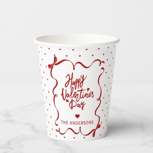 Red White Hearts Hand Drawn Bow Valentine's Day Papieren Bekers (Achterkant)