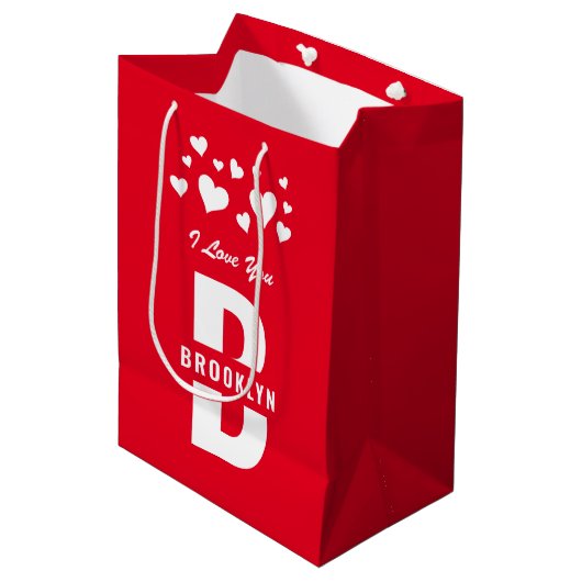 Red White Hipster Monogram Happy Valentijnsdag Medium Cadeauzakje (Voorkant Gekanteld)