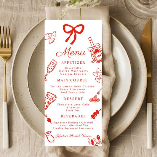 Red & White Italian Food Bridal Shower Flat Menu