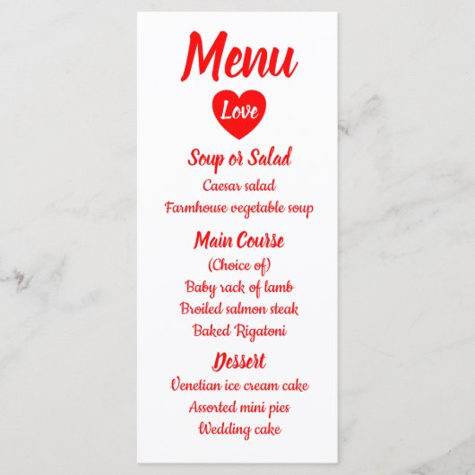Red & White Love Heart Menu Wedding Party (Devant)