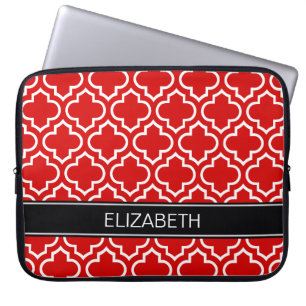 Red White Moroccan #6 Black Name Monogram Laptop Sleeve