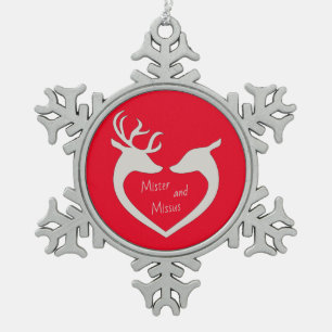Red & White Mr & Mrs Deer Couple Snowflake Pewter Tin Sneeuwvlok Ornament