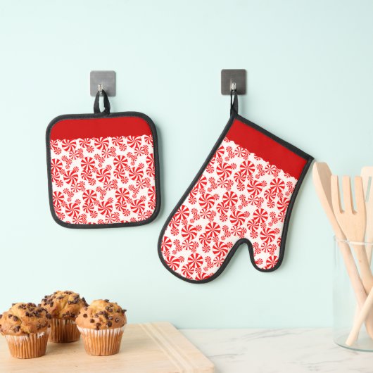 Red White Pepemint Holiday Pattern Kitchen Towel Ovenwant & Pannenlap Set (Insitu(Ophanging))