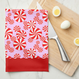 Red White Pepemint Pattern op Roze keukenhanddoek