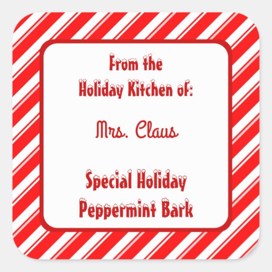 Red White Peppermint Stripe Custom Holiday Baking Vierkante Sticker (Voorkant)