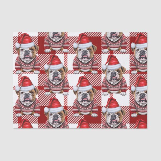 Red White Plaid Bulldog Kerstvakantie Tissuepapier (Voorkant)