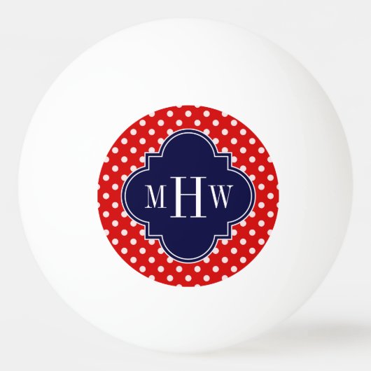 Red White Polka Dot Navy Quatrefoil 3 Monogram Pingpongballen (Voorkant)