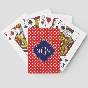 Red White Polka Dot Navy Quatrefoil 3 Monogram Pokerkaarten