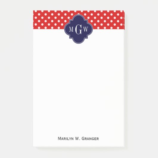 Red White Polka Dot Navy Quatrefoil 3 Monogram Post-it® Notes (Voorkant)