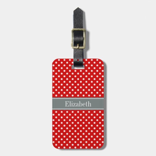Red White Polka Dots Charcoal Ribbon Monogram Bagagelabel (Voorkant verticaal)