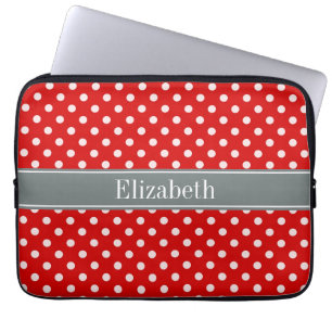 Red White Polka Dots Charcoal Ribbon Monogram Laptop Sleeve