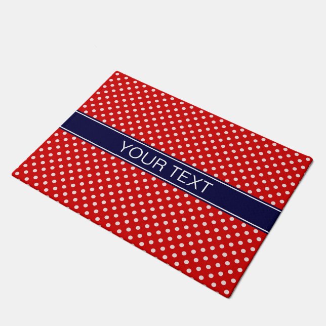 Red White Polka Dots Navy Blue Ribbon Monogram Deurmat (Schuin)