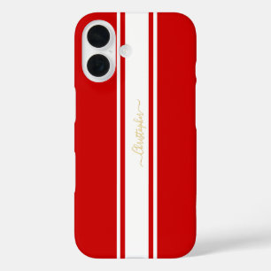 Red White Racing Stripes Gold Monogrammed Stijlvol iPhone 16 Hoesje