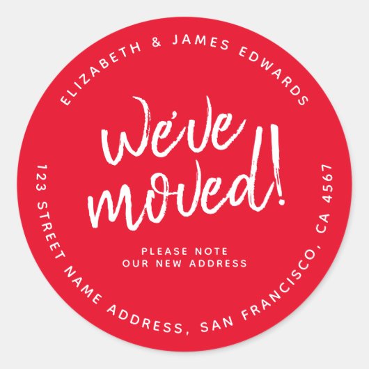 Red White Rustic Script We hebben een nieuw adres Ronde Sticker (Voorkant)