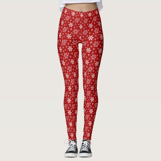 Red White Snowflake kerstfeestdag winter Leggings (Voorkant)
