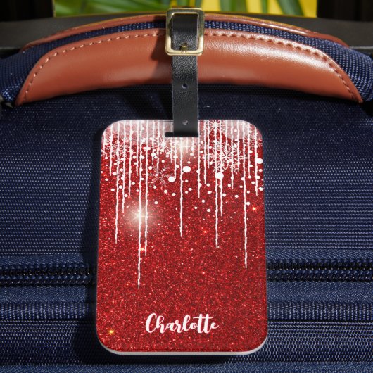 Red White Snowy Snowflake Jouw naam toevoegen Bagagelabel (Voorkant Insitu 2)