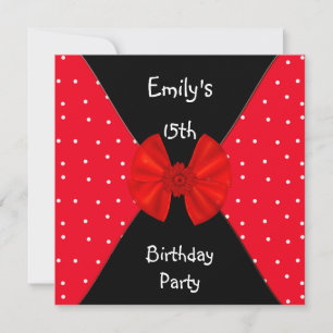 Red White Spot Invitation Cute Bow 15th Birthday Kaart