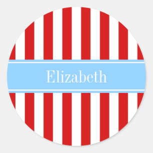 Red White Stripe Sky Blue Name Monogram Ronde Sticker