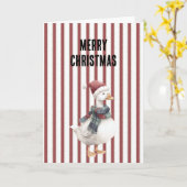 Red White Stripes Goose with Santa Hat Christmas Kaart (Gele Bloem)