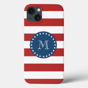 Red White Stripes Pattern, Navy Blue Monogram iPhone 13 Hoesje