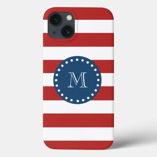 Red White Stripes Pattern, Navy Blue Monogram Case-Mate iPhone Case (Achterkant)