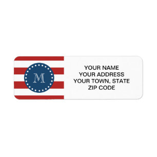 Red White Stripes Pattern, Navy Blue Monogram Etiket