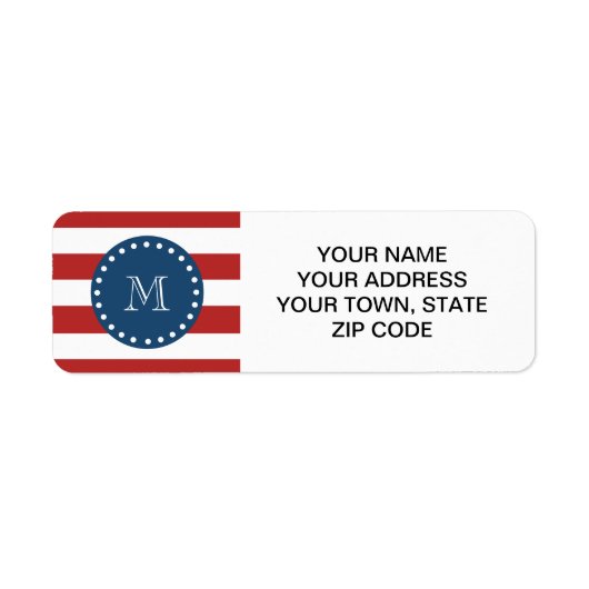 Red White Stripes Pattern, Navy Blue Monogram Etiket (Voorkant)