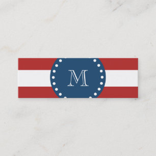Red White Stripes Pattern, Navy Blue Monogram Mini Visitekaartje