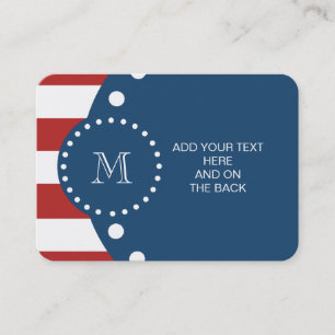 Red White Stripes Pattern, Navy Blue Monogram Visitekaartje