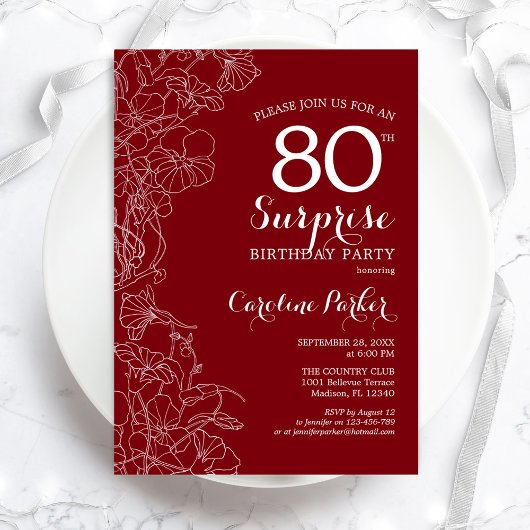 Red White Surprise 80th Birthday Party Kaart