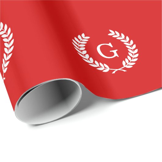 Red White Wheat Laurel Wreated Initiaal Monogram Cadeaupapier (Rol Hoek)