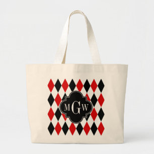 Red Wht Black Harlequin Blk Quatrefoil 3 Monogram Grote Tote Bag