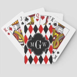 Red Wht Black Harlequin Blk Quatrefoil 3 Monogram Pokerkaarten