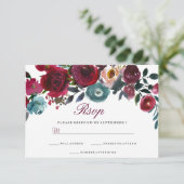 Red Wine Burgundy Floral Wedding RSVP (Staand voorkant)