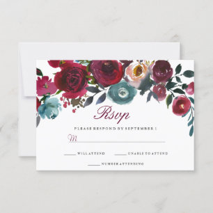 Red Wine Burgundy Floral Wedding RSVP Kaartje