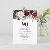 Red Wine Burgundy Flowers 90th Birthday Invite Kaart (Staand voorkant)