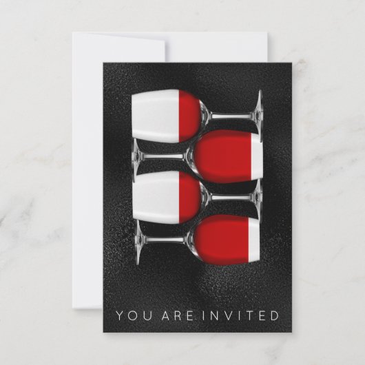 Red Wine Glass Black Silver Glass Invitation Kaart (Voorkant)